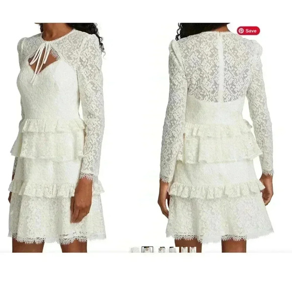 ML Monique Lhuillier Tie-Neck Ivory Lace Mini Long Sleeve Bridal Dress - Picture 9 of 10